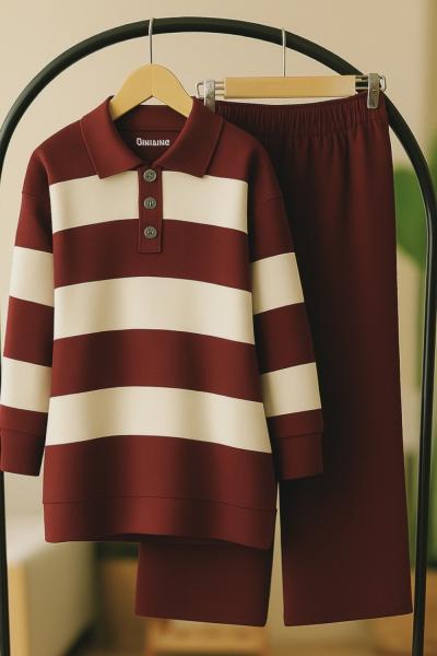 Yaka düğmeli Geniş  çizgili Triko Takım Bordo TCN40135