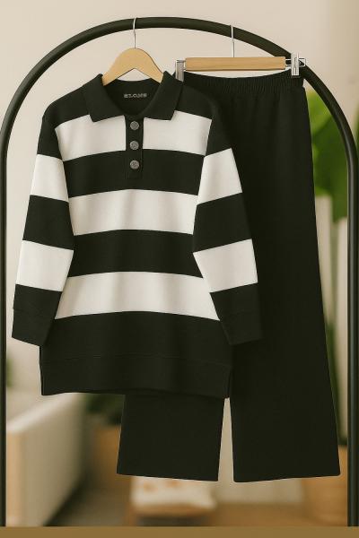 Yaka düğmeli Geniş  çizgili Triko Takım  Siyah TCN40135