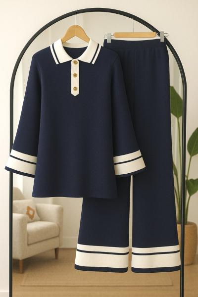 Yaka Düğmeli Paca ve kol Şeritli Triko Takım Lacivert TCN40137