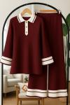 Yaka Düğmeli Paca ve kol Şeritli Triko Takım Bordo  TCN40137