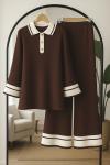 Yaka Düğmeli Paca ve kol Şeritli Triko Takım Kahve TCN40137