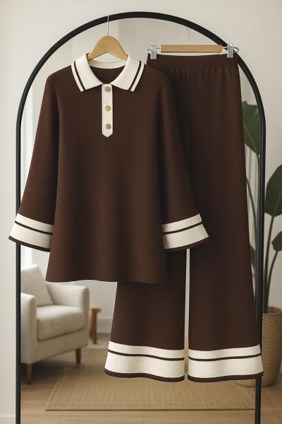 Yaka Düğmeli Paca ve kol Şeritli Triko Takım Kahve TCN40137