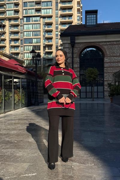 Yaka düğmeli  Çizgili Triko Takım Siyah TCN40148