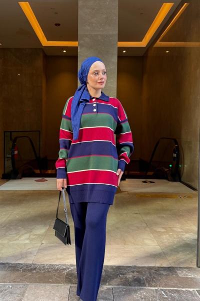 Yaka düğmeli  Çizgili Triko Takım  Lacivert TCN40148