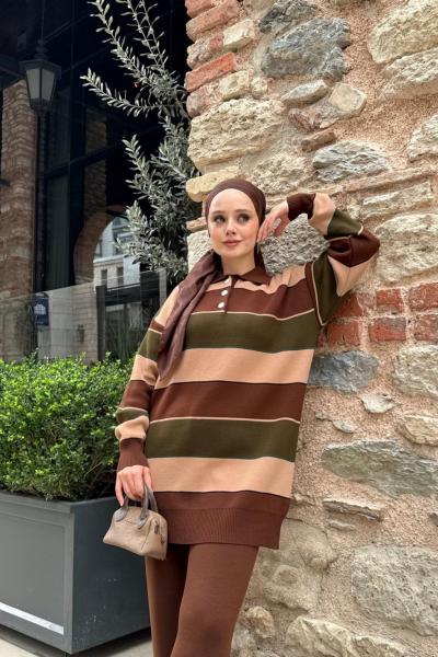 Yaka düğmeli  Çizgili Triko Takım  Kahverengi TCN40148