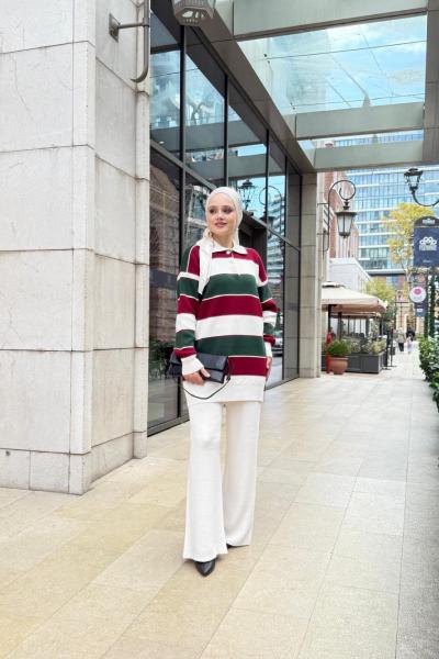 Yaka düğmeli  Çizgili Triko Takım ekru TCN40148