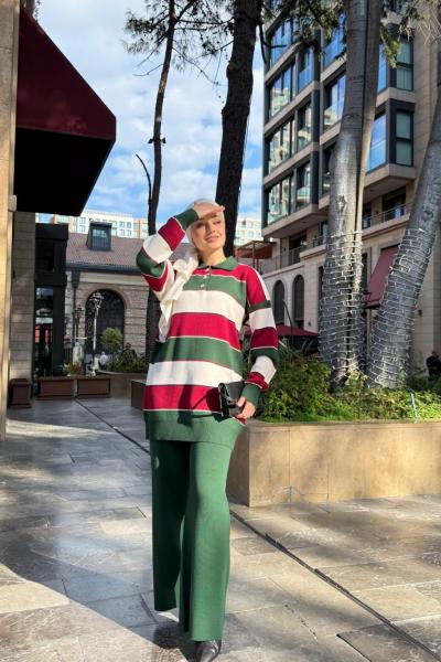 Yaka düğmeli  Çizgili Triko Takım Yeşil TCN40148