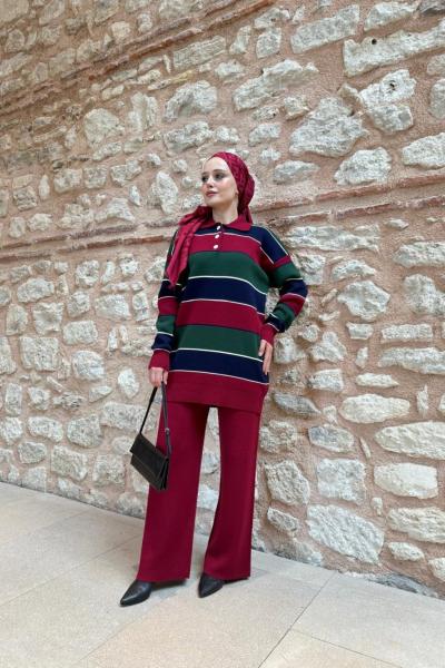 Yaka düğmeli  Çizgili Triko Takım Bordo TCN40148