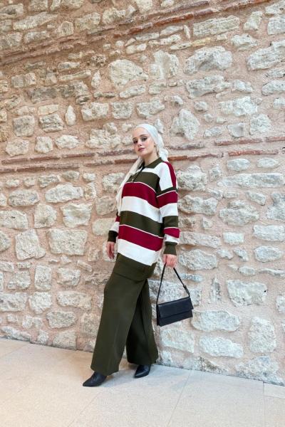 Yaka düğmeli  Çizgili Triko Takım Haki TCN40148