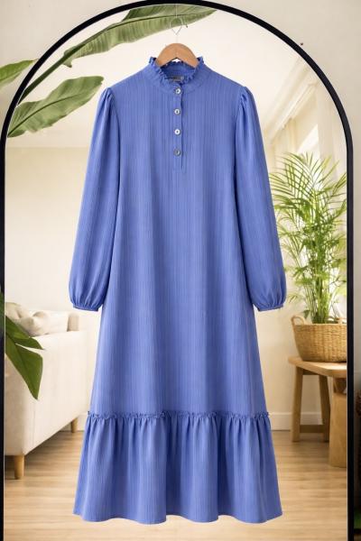 Yaka düğmeli etek fırfırlı Elbise Mavi KR80105