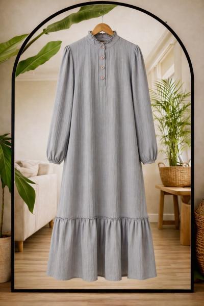 Yaka düğmeli etek fırfırlı Elbise gri KR80105