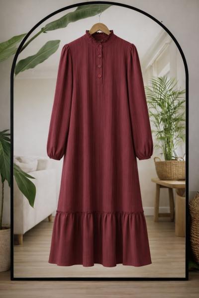 Yaka düğmeli etek fırfırlı Elbise  Bordo KR80105