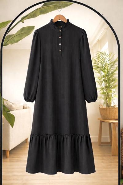 Yaka düğmeli etek fırfırlı Elbise  Siyah KR80105
