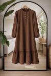 Yaka düğmeli etek fırfırlı Elbise  kahverengi KR80105