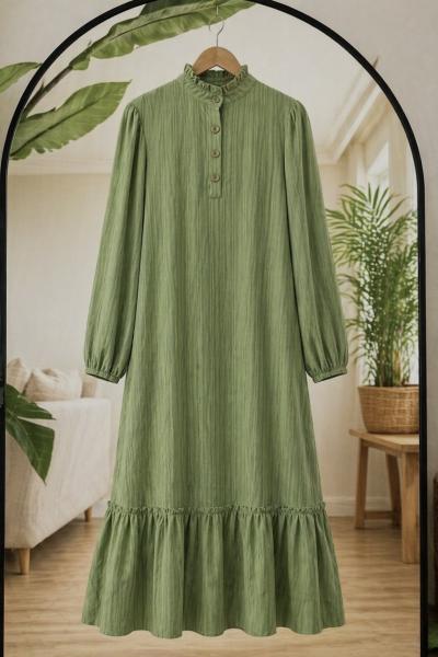 Yaka düğmeli etek fırfırlı Elbise yeşil KR80105