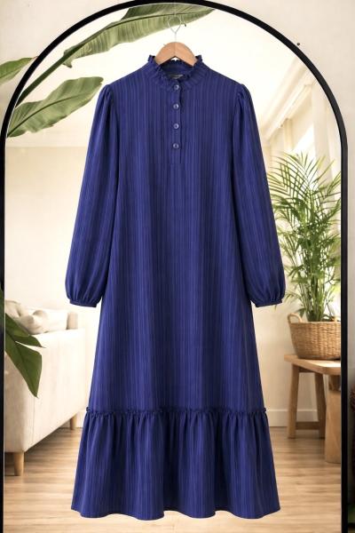 Yaka düğmeli etek fırfırlı Elbise lacivert KR80105