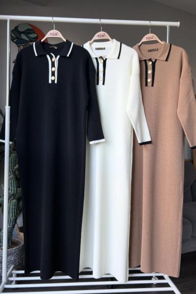 Yaka düğmeli triko Elbise Siyah TCN4061