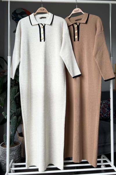 Yaka düğmeli triko Elbise Ekru TCN4061