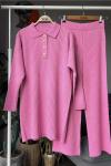 Yaka düğmeli simli Triko Takım pembeTCN4062