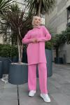 Yaka düğmeli simli Triko Takım pembeTCN4062