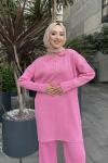 Yaka düğmeli simli Triko Takım pembeTCN4062