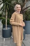 Yaka düğmeli simli Triko Takım Camel TCN4062