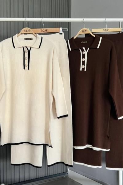 Yaka düğmeli şeritli Triko Takım Beyaz  TCN4075