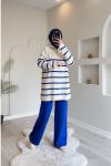 Yaka fermuarlı çizgili triko Takım Saks  NEW6022