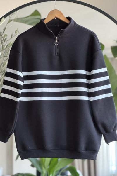 Yaka fermuarlı çizgili üçiplik Tunik Siyah UMS30355