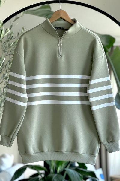 Yaka fermuarlı çizgili üçiplik Tunik Yeşil UMS30355