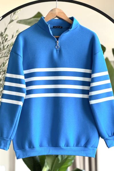 Yaka fermuarlı çizgili üçiplik Tunik Mavi  UMS30355