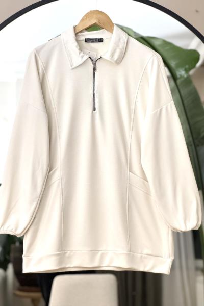 Yaka Fermuarlı Cuval cepli Tunik Beyaz NEW6016
