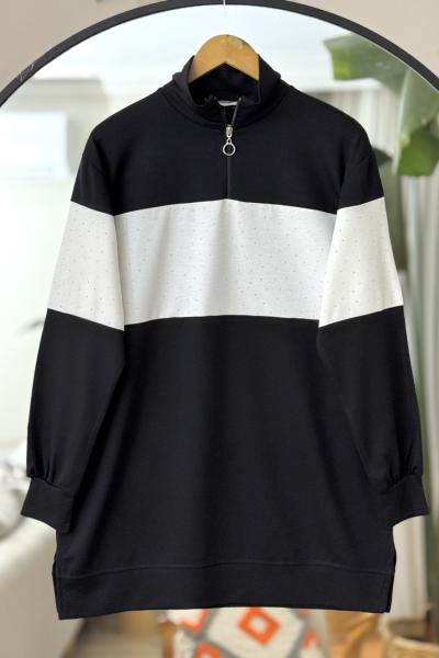 Yaka fermuarlı taş işlemeli Oyso tunik Siyah DS2048