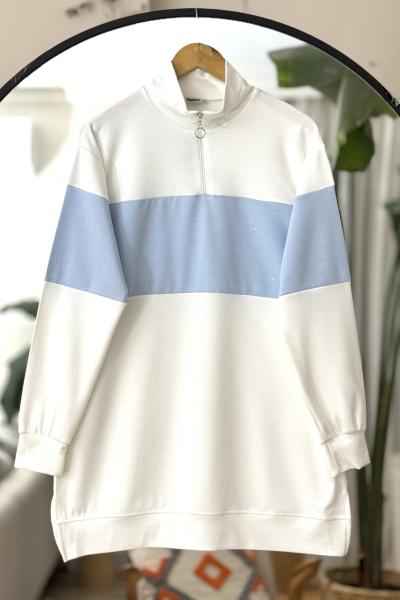 Yaka fermuarlı taş işlemeli Oyso tunik Beyaz DS2048