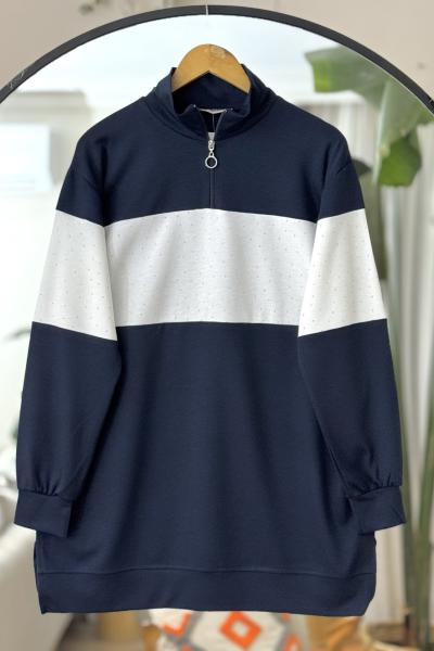 Yaka fermuarlı taş işlemeli Oyso tunik Lacivert DS2048