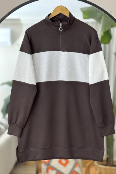 Yaka fermuarlı taş işlemeli Oyso tunik Kahve  DS2048
