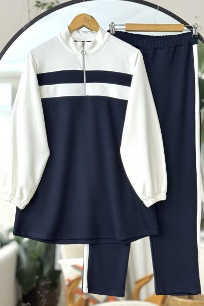 Yaka fermuarlı şeritli oysh Takım Lacivert TCN40112