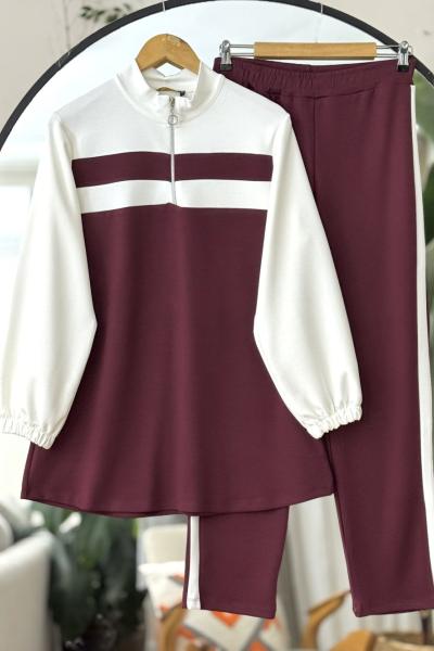 Yaka fermuarlı şeritli oysh Takım Bordo TCN40112