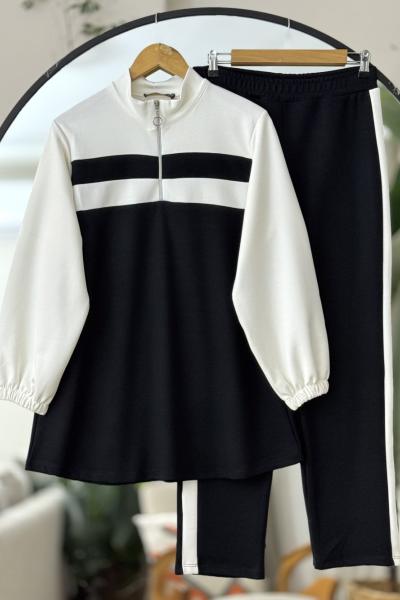 Yaka fermuarlı şeritli oysh Takım  Siyah  TCN40112