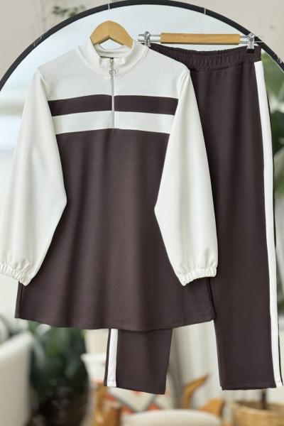 Yaka fermuarlı şeritli oysh Takım  Kahve TCN40112