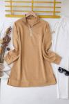 Yaka fermuarlı cepli tunik camel SLT30106