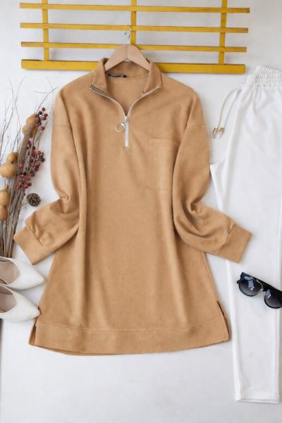 Yaka fermuarlı cepli tunik camel SLT30106