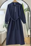 Yaka fermuarlı kuşaklı Elbise Lacivert BK9520