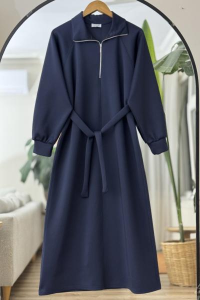 Yaka fermuarlı kuşaklı Elbise Lacivert BK9520