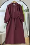 Yaka fermuarlı kuşaklı Elbise Bordo BK9520