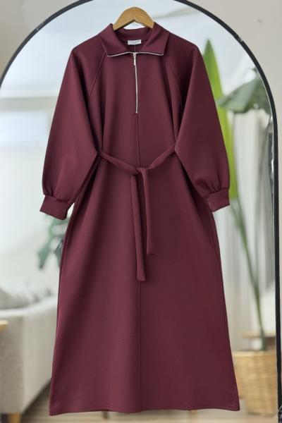 Yaka fermuarlı kuşaklı Elbise Bordo BK9520