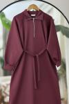 Yaka fermuarlı kuşaklı Elbise Bordo BK9520