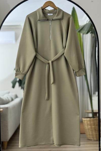 Yaka fermuarlı kuşaklı Elbise Yeşil  BK9520