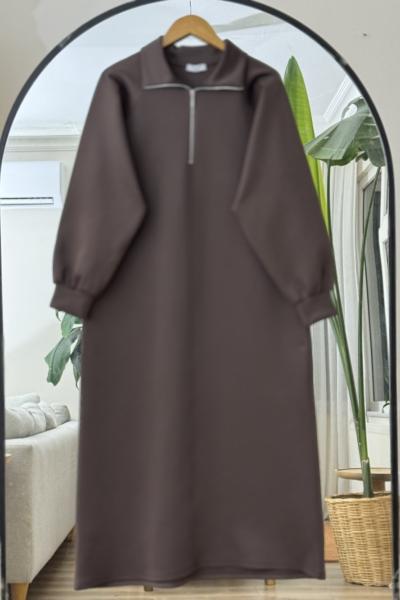 Yaka fermuarlı kuşaklı Elbise Kahve  BK9520