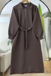 Yaka fermuarlı kuşaklı Elbise Kahve  BK9520